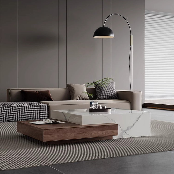 Modern Minimalist Slate Plywood Square Coffee Table Set 2-Drawer For Living Room