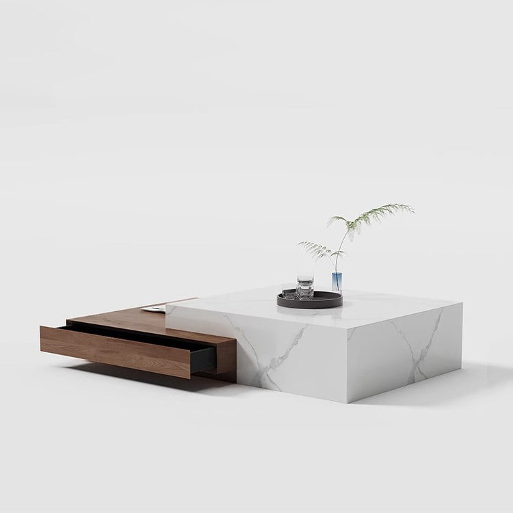 Modern Minimalist Slate Plywood Square Coffee Table Set 2-Drawer For Living Room