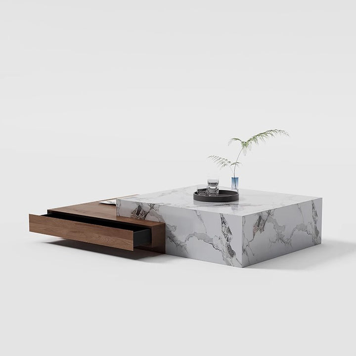 Modern Minimalist Slate Plywood Square Coffee Table Set 2-Drawer For Living Room
