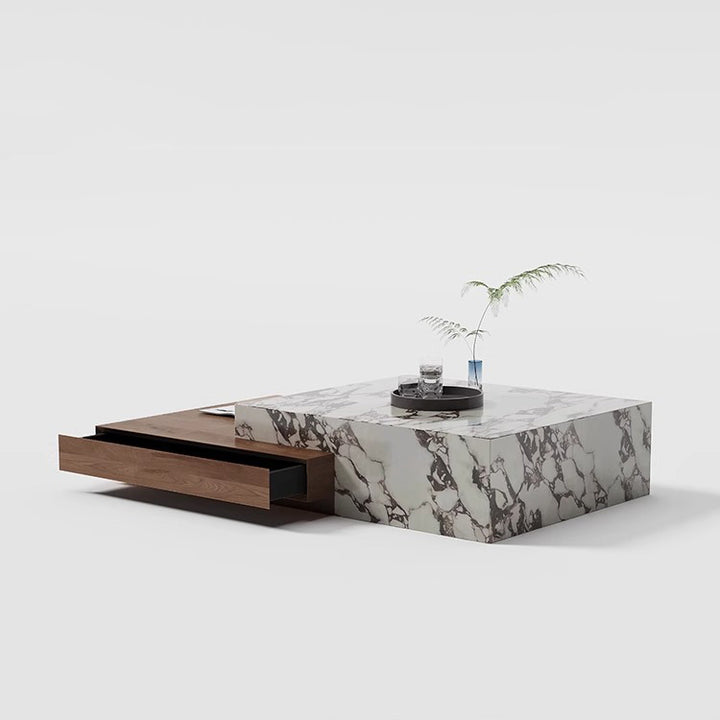 Modern Minimalist Slate Plywood Square Coffee Table Set 2-Drawer For Living Room