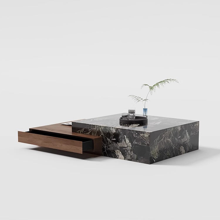 Modern Minimalist Slate Plywood Square Coffee Table Set 2-Drawer For Living Room