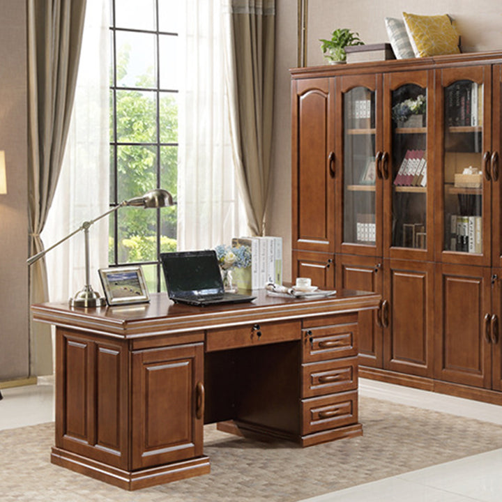 Escritorio rectangular contemporáneo retro de contrachapado, madera de caucho y herrajes con archivador de 4 cajones para oficina en casa 