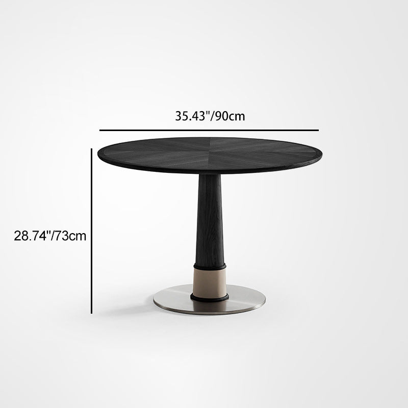 Contemporary Retro Ash Wood Slab Leather Stainless Steel Round Dining Table &amp; Chair Set For 2-6 Seats