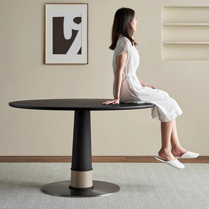 Contemporary Retro Ash Wood Slab Leather Stainless Steel Round Dining Table &amp; Chair Set For 2-6 Seats