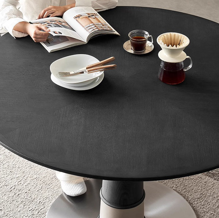 Contemporary Retro Ash Wood Slab Leather Stainless Steel Round Dining Table & Chair Set For 2-6 Seats