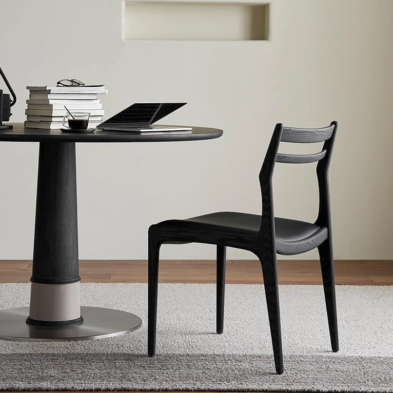 Contemporary Retro Ash Wood Slab Leather Stainless Steel Round Dining Table &amp; Chair Set For 2-6 Seats