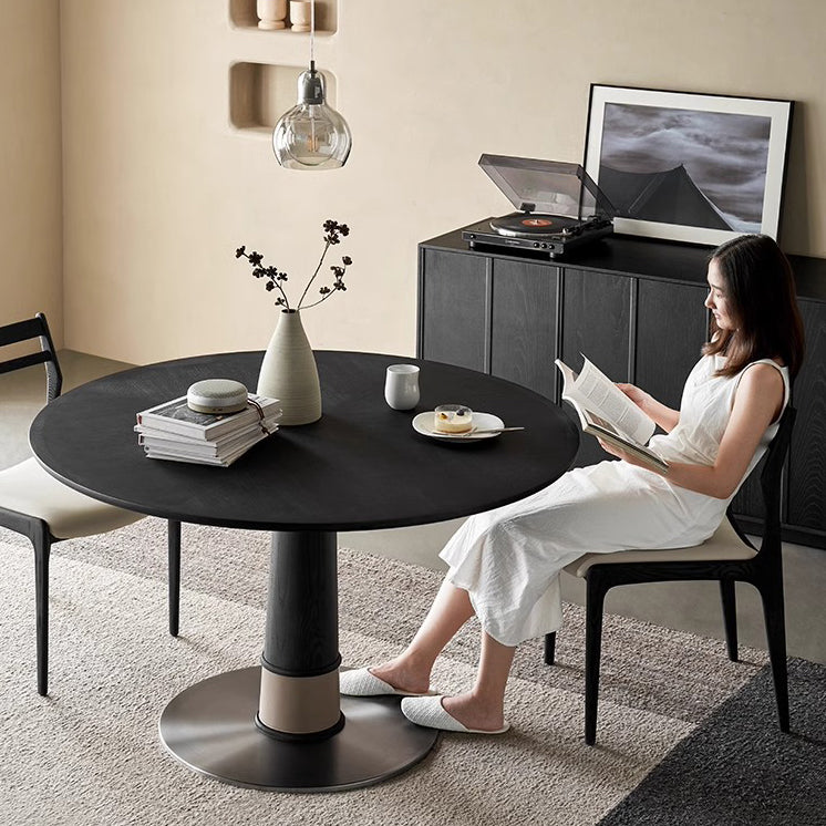 Contemporary Retro Ash Wood Slab Leather Stainless Steel Round Dining Table &amp; Chair Set For 2-6 Seats