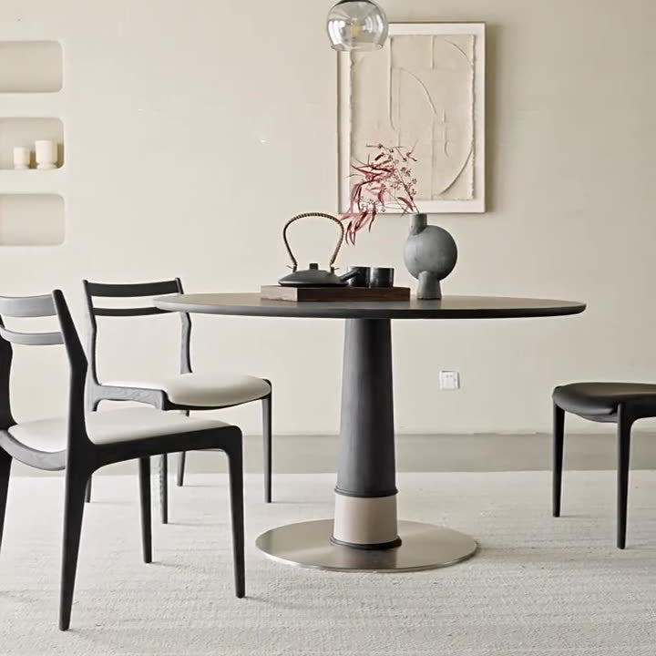 Contemporary Retro Ash Wood Slab Leather Stainless Steel Round Dining Table &amp; Chair Set For 2-6 Seats