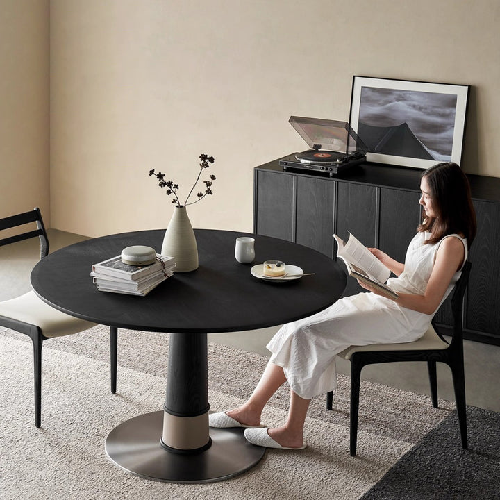 Contemporary Retro Ash Wood Slab Leather Stainless Steel Round Dining Table &amp; Chair Set For 2-6 Seats