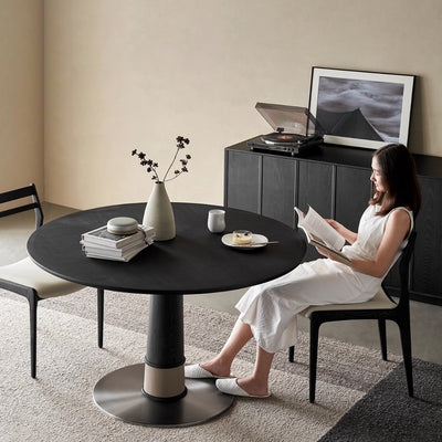 Contemporary Retro Ash Wood Slab Leather Stainless Steel Round Dining Table & Chair Set For 2-6 Seats