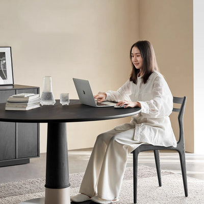 Contemporary Retro Ash Wood Slab Leather Stainless Steel Round Dining Table & Chair Set For 2-6 Seats