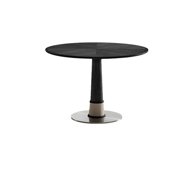 Contemporary Retro Ash Wood Slab Leather Stainless Steel Round Dining Table & Chair Set For 2-6 Seats