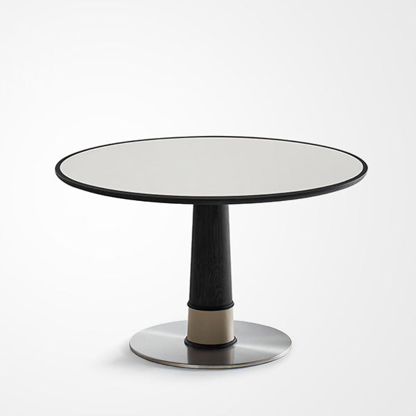 Contemporary Retro Ash Wood Slab Leather Stainless Steel Round Dining Table & Chair Set For 2-6 Seats