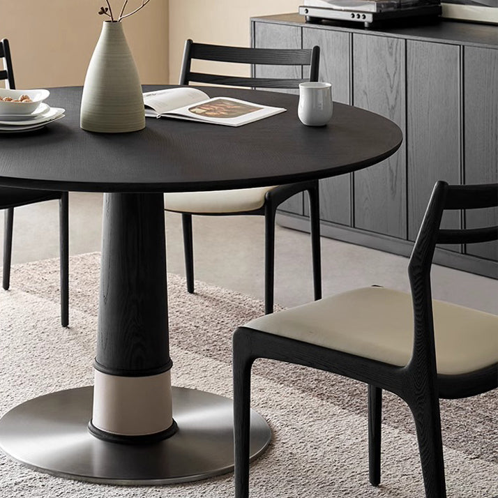 Contemporary Retro Ash Wood Slab Leather Stainless Steel Round Dining Table &amp; Chair Set For 2-6 Seats