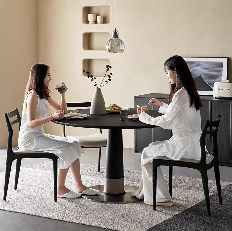 Contemporary Retro Ash Wood Slab Leather Stainless Steel Round Dining Table &amp; Chair Set For 2-6 Seats