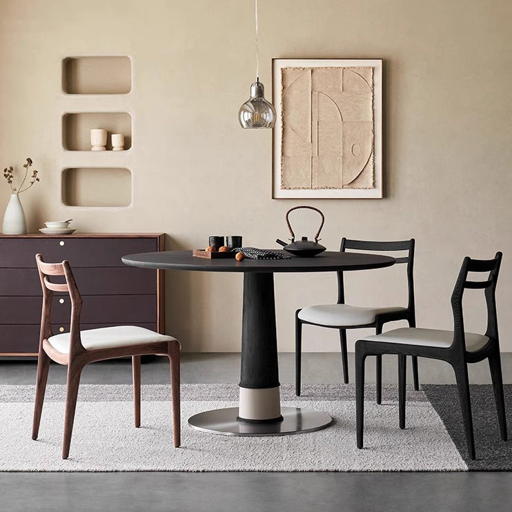 Contemporary Retro Ash Wood Slab Leather Stainless Steel Round Dining Table & Chair Set For 2-6 Seats