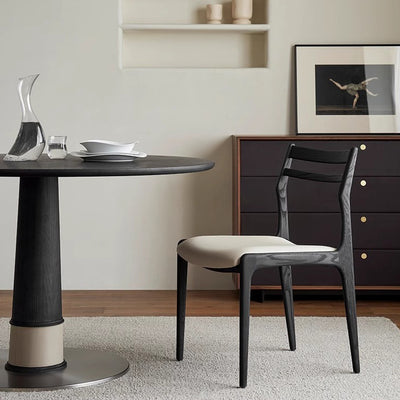 Contemporary Retro Ash Wood Slab Leather Stainless Steel Round Dining Table & Chair Set For 2-6 Seats