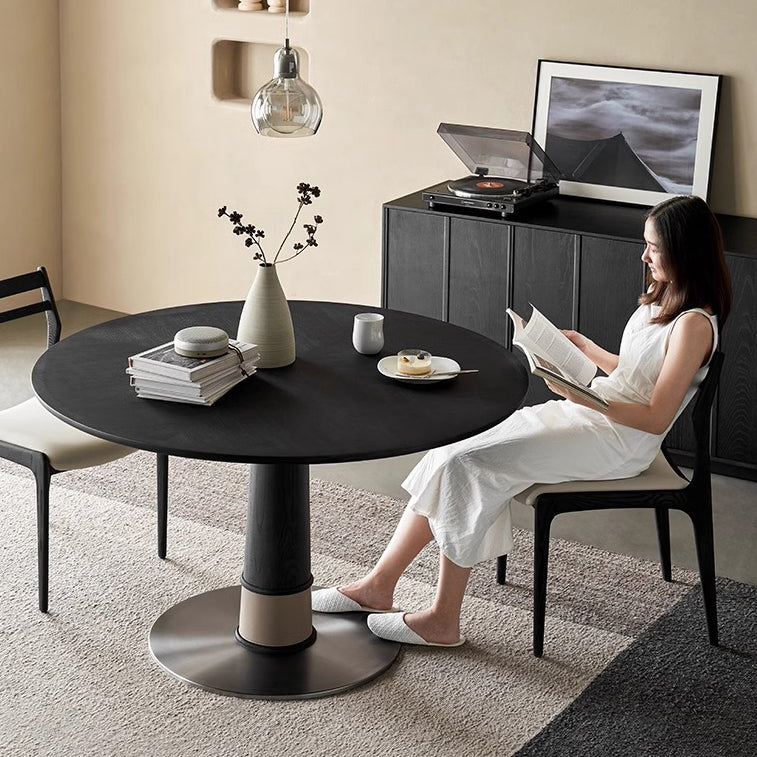 Contemporary Retro Ash Wood Slab Leather Stainless Steel Round Dining Table &amp; Chair Set For 2-6 Seats