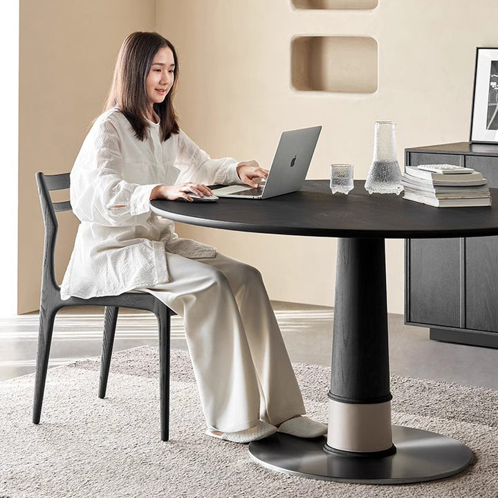 Contemporary Retro Ash Wood Slab Leather Stainless Steel Round Dining Table &amp; Chair Set For 2-6 Seats