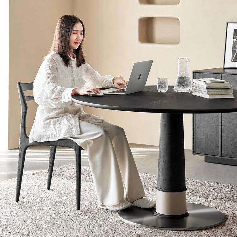 Contemporary Retro Ash Wood Slab Leather Stainless Steel Round Dining Table & Chair Set For 2-6 Seats