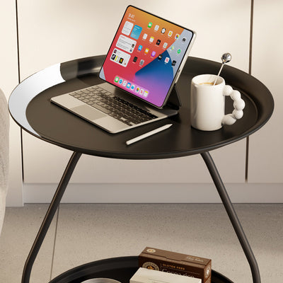 Contemporary Nordic Iron And Carbon Steel Round Side Table With 2-Tier Storage For Living Room And Bedroom