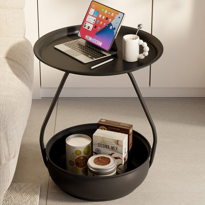 Contemporary Nordic Iron And Carbon Steel Round Side Table With 2-Tier Storage For Living Room And Bedroom