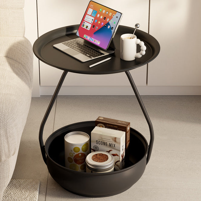 Contemporary Nordic Iron And Carbon Steel Round Side Table With 2-Tier Storage For Living Room And Bedroom