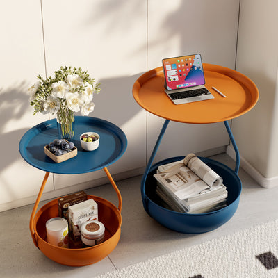 Contemporary Nordic Iron And Carbon Steel Round Side Table With 2-Tier Storage For Living Room And Bedroom