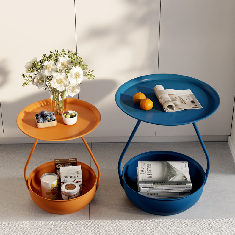 Contemporary Nordic Iron And Carbon Steel Round Side Table With 2-Tier Storage For Living Room And Bedroom