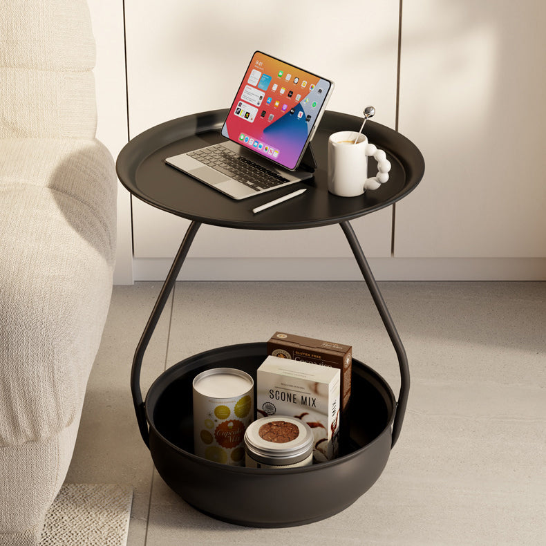 Contemporary Nordic Iron And Carbon Steel Round Side Table With 2-Tier Storage For Living Room And Bedroom