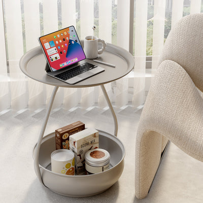 Contemporary Nordic Iron And Carbon Steel Round Side Table With 2-Tier Storage For Living Room And Bedroom