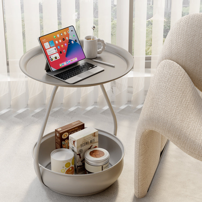 Contemporary Nordic Iron And Carbon Steel Round Side Table With 2-Tier Storage For Living Room And Bedroom