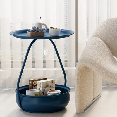 Contemporary Nordic Iron And Carbon Steel Round Side Table With 2-Tier Storage For Living Room And Bedroom