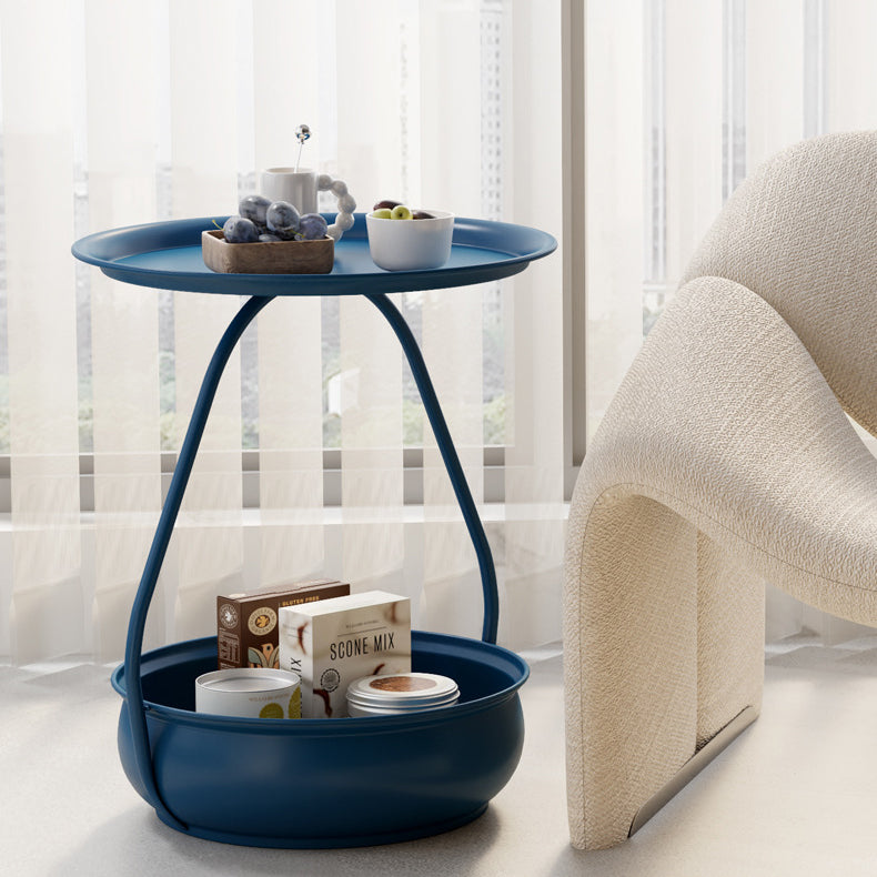 Contemporary Nordic Iron And Carbon Steel Round Side Table With 2-Tier Storage For Living Room And Bedroom