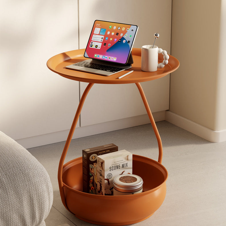 Contemporary Nordic Iron And Carbon Steel Round Side Table With 2-Tier Storage For Living Room And Bedroom