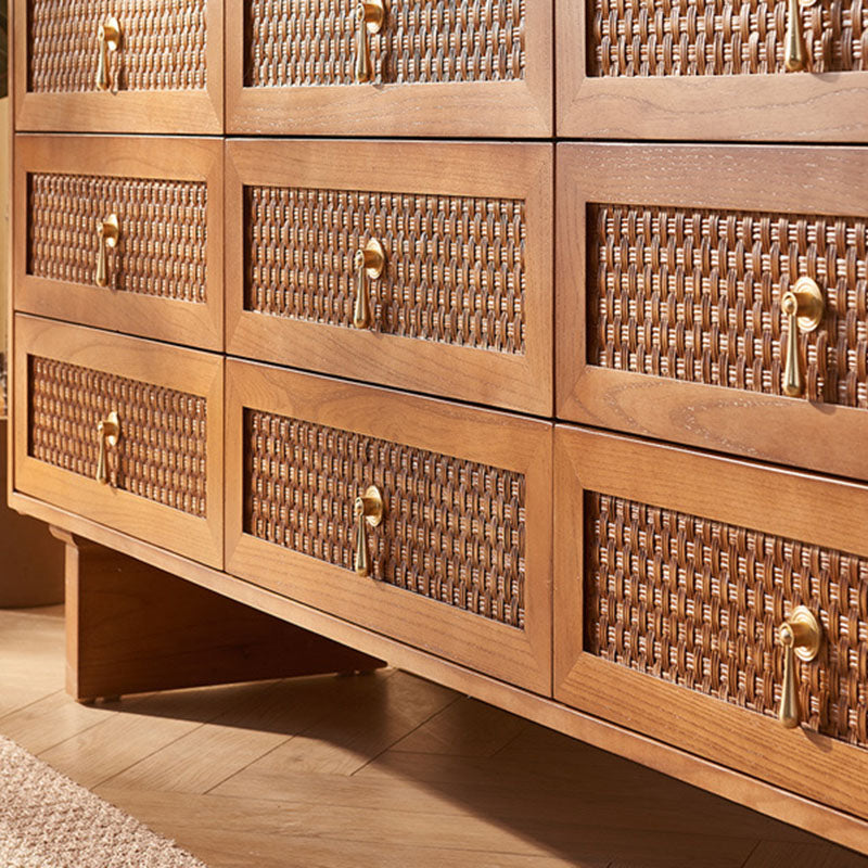 Traditional Chinese Rectangular Solid Wood Multi-Layer Plate Rattan Storage Cabinet 9-Drawer For Living Room