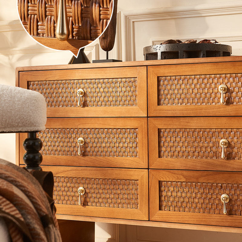Traditional Chinese Rectangular Solid Wood Multi-Layer Plate Rattan Storage Cabinet 9-Drawer For Living Room