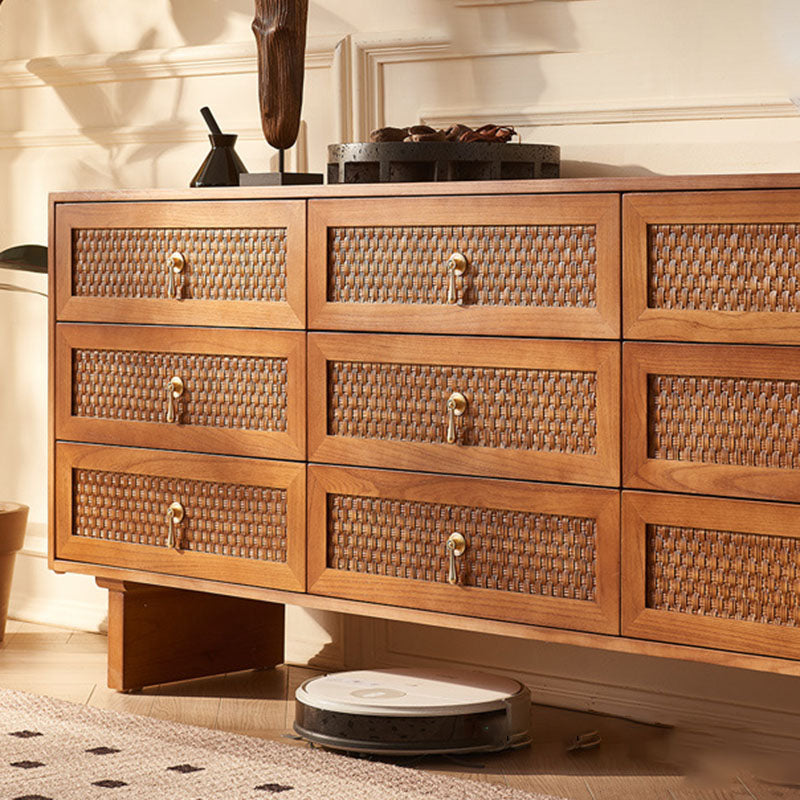 Traditional Chinese Rectangular Solid Wood Multi-Layer Plate Rattan Storage Cabinet 9-Drawer For Living Room