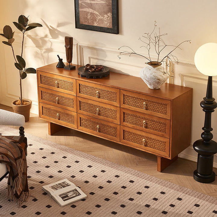 Traditional Chinese Rectangular Solid Wood Multi-Layer Plate Rattan Storage Cabinet 9-Drawer For Living Room