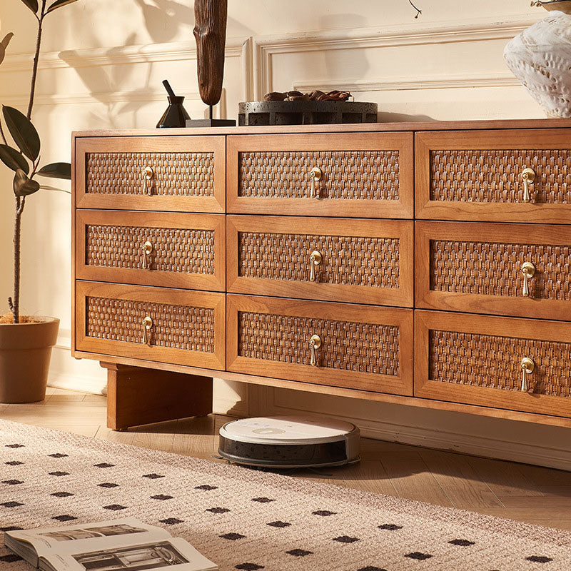 Traditional Chinese Rectangular Solid Wood Multi-Layer Plate Rattan Storage Cabinet 9-Drawer For Living Room