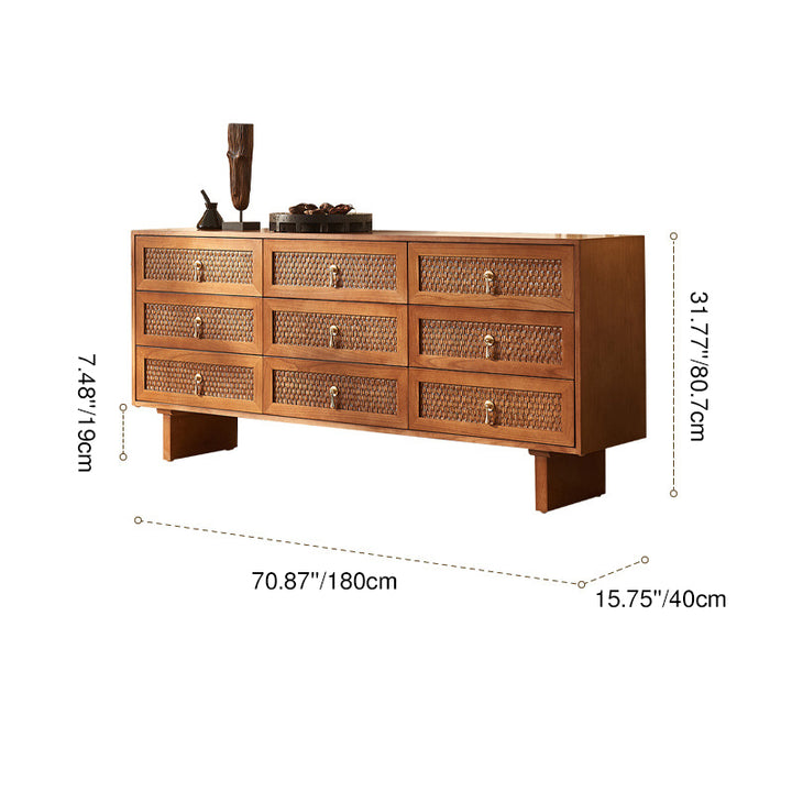 Traditional Chinese Rectangular Solid Wood Multi-Layer Plate Rattan Storage Cabinet 9-Drawer For Living Room