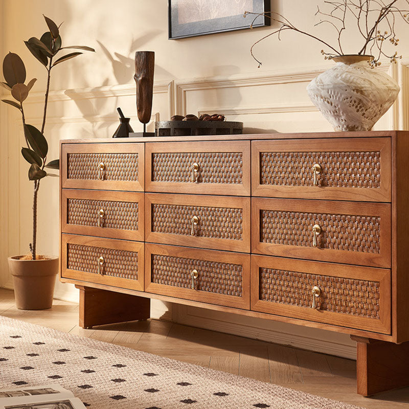 Traditional Chinese Rectangular Solid Wood Multi-Layer Plate Rattan Storage Cabinet 9-Drawer For Living Room