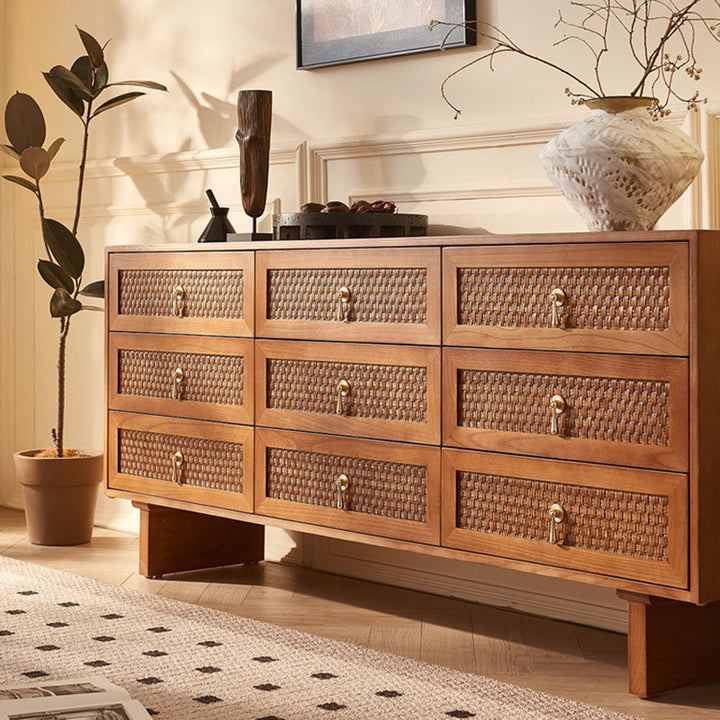 Traditional Chinese Rectangular Solid Wood Multi-Layer Plate Rattan Storage Cabinet 9-Drawer For Living Room