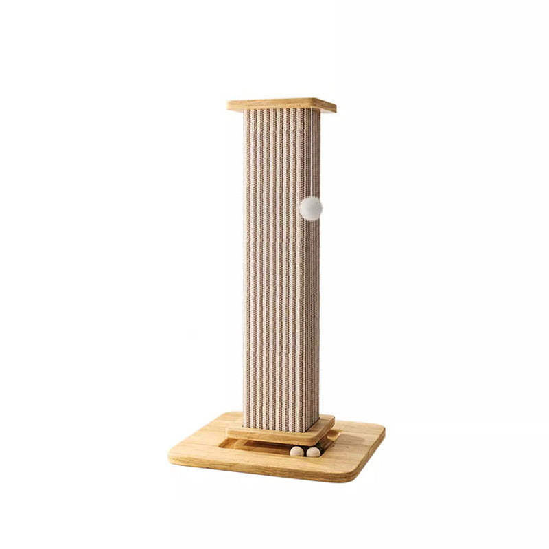 Moderner minimalistischer rechteckiger Kratzbaum aus mitteldichter Faserplatte, Massivholz und Sisal mit Spielball für das Wohnzimmer