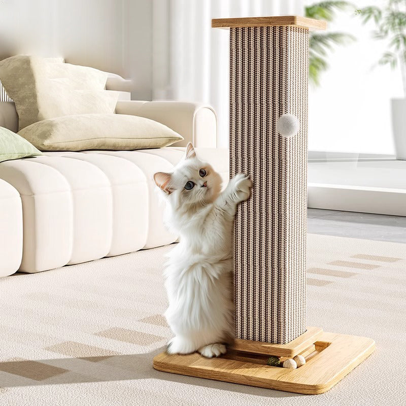 Moderner minimalistischer rechteckiger Kratzbaum aus mitteldichter Faserplatte, Massivholz und Sisal mit Spielball für das Wohnzimmer