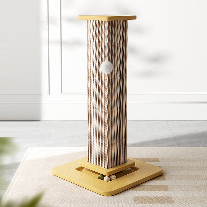Moderner minimalistischer rechteckiger Kratzbaum aus mitteldichter Faserplatte, Massivholz und Sisal mit Spielball für das Wohnzimmer