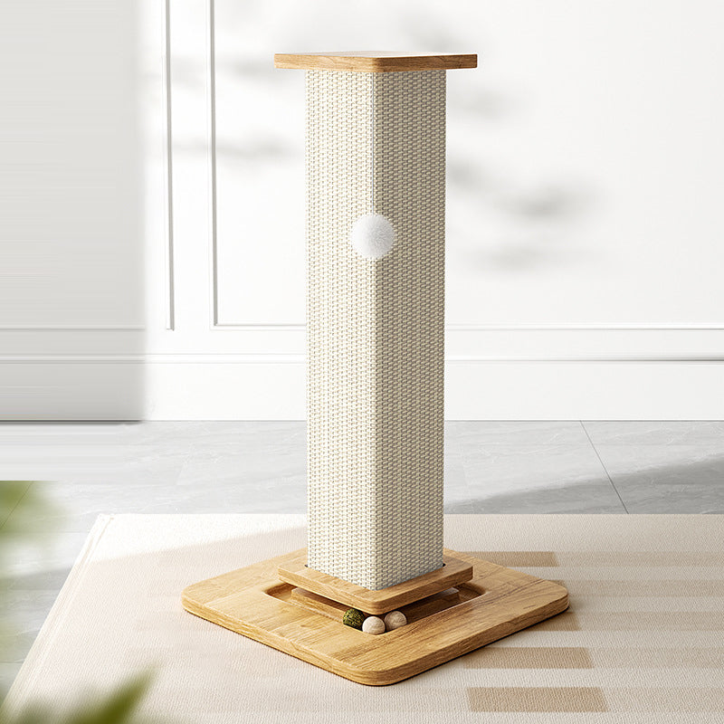 Moderner minimalistischer rechteckiger Kratzbaum aus mitteldichter Faserplatte, Massivholz und Sisal mit Spielball für das Wohnzimmer