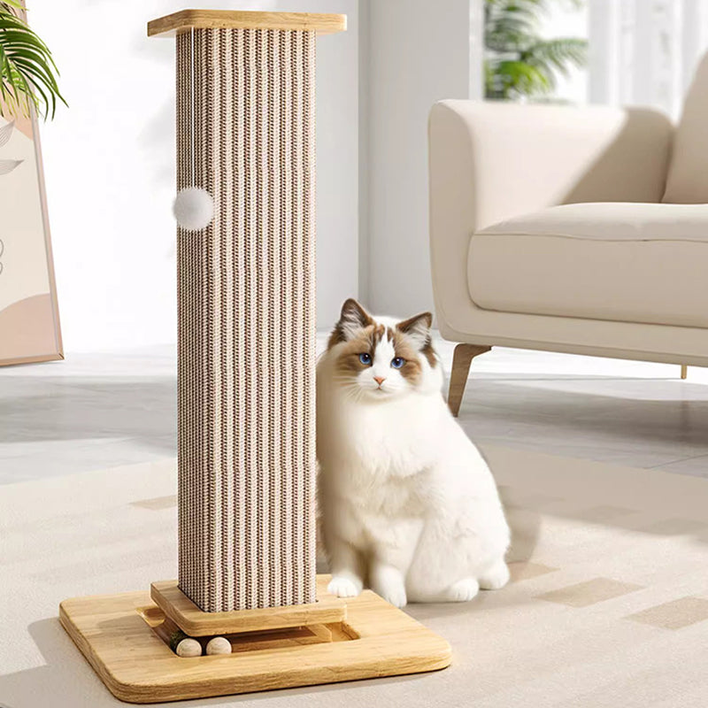 Moderner minimalistischer rechteckiger Kratzbaum aus mitteldichter Faserplatte, Massivholz und Sisal mit Spielball für das Wohnzimmer