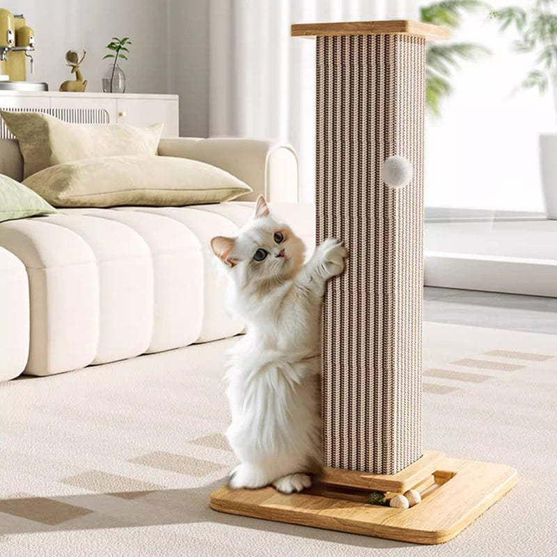 Moderner minimalistischer rechteckiger Kratzbaum aus mitteldichter Faserplatte, Massivholz und Sisal mit Spielball für das Wohnzimmer