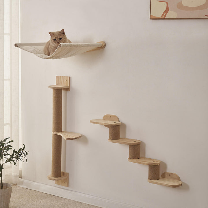 Árbol para gatos y condominio cilíndrico minimalista moderno de madera maciza de pino y tela de sisal con 1 hamaca y 1 poste rascador para la sala de estar 